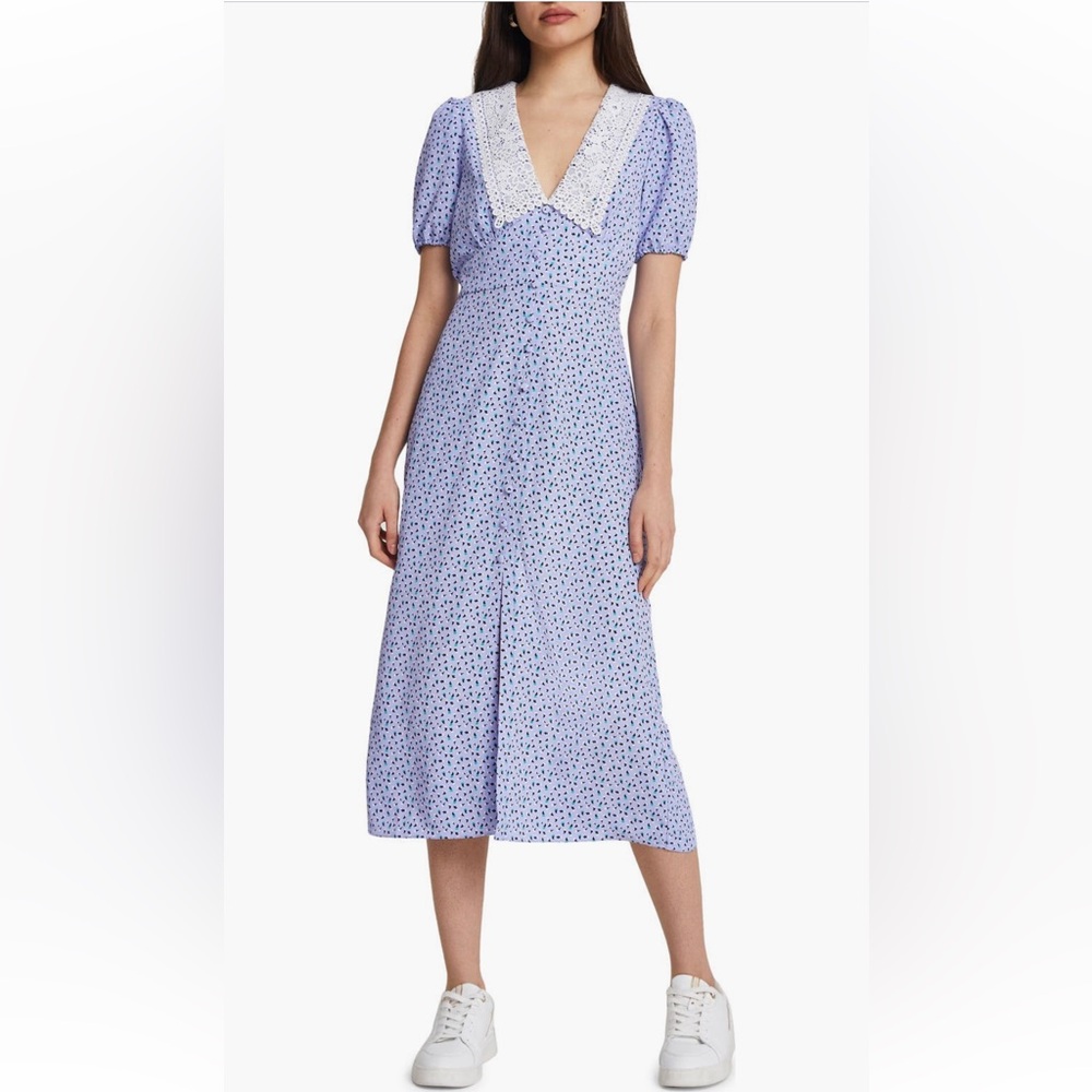 River Island Floral Print Collar Buttons Midi Dress In Lilac Blue UK 6 US 2